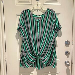 Cato Striped Front Knot High Low Top, Size 22/24W (3X), Green White Black Flowy